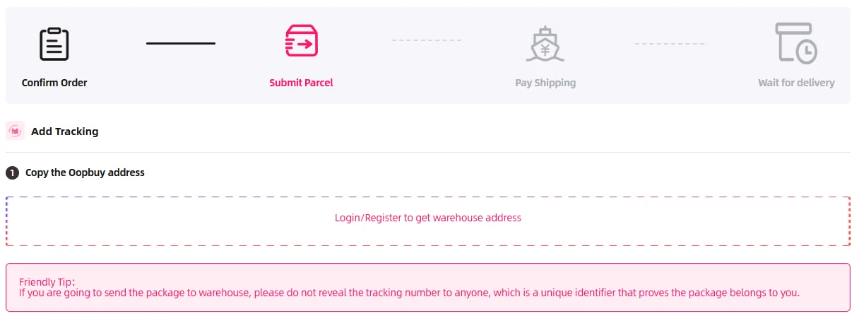 Oopbuy forwarding page with the add tracking step and a tip not to share the tracking number
