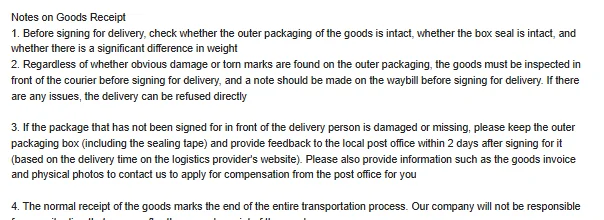 Oopbuy Receipt Information page: notes on checking a parcel before signing