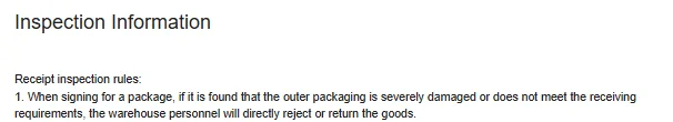 Oopbuy Inspection Information page: receipt inspection rule one on refusing damaged packaging