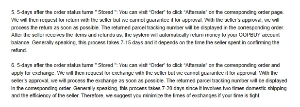 Oopbuy after-sales page: return and exchange requests within five days of the Stored status