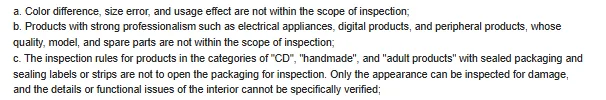 Inspection notes a to c: colour difference, electronics and sealed categories excluded