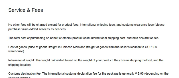 Oopbuy Service and Fees page: product cost, international freight and declaration fee