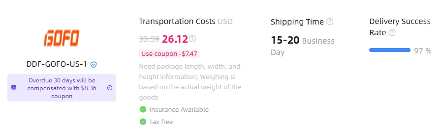 Estimator route card for DDF-GOFO-US-1 showing 33.59 USD and a coupon price