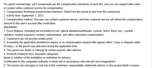 Insurance and Compensation page: compensation per route and the disclaimer list