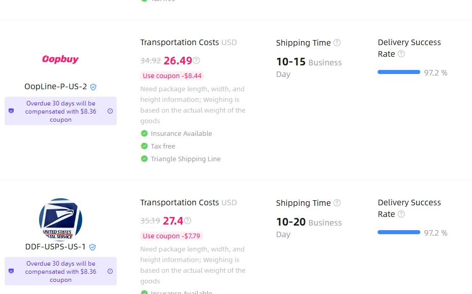 Estimator results for a 1 kg US parcel: two routes with cost, time and success rate