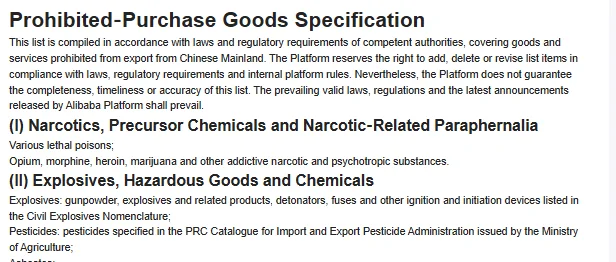 Prohibited Product Description: narcotics, explosives and hazardous chemicals sections