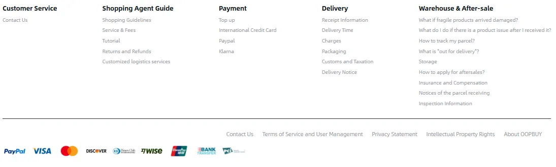 Oopbuy help centre footer with customer service, payment, delivery and after-sale links