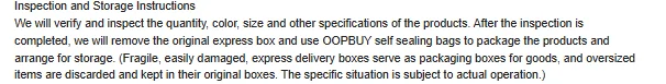 Inspection and storage instructions: original express box removed, self-sealing bags used
