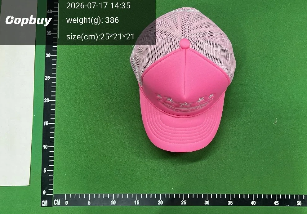 Oopbuy intake photo of a pink mesh cap on a green ruler mat with time, weight and size overlay