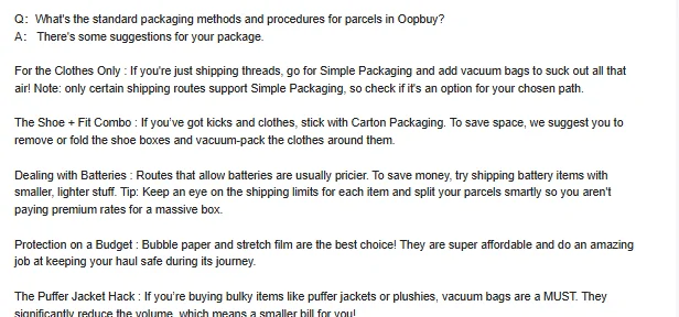 Oopbuy Packaging page: simple packaging, carton packaging, batteries and vacuum bags