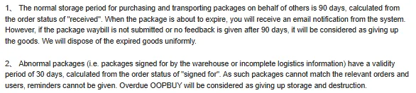 Oopbuy Storage page: 90 days from received, 30 days for abnormal packages