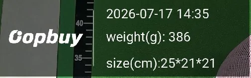 Oopbuy QC photo overlay reading 2026-07-17 14:35, weight 386 g, size 25 by 21 by 21 cm