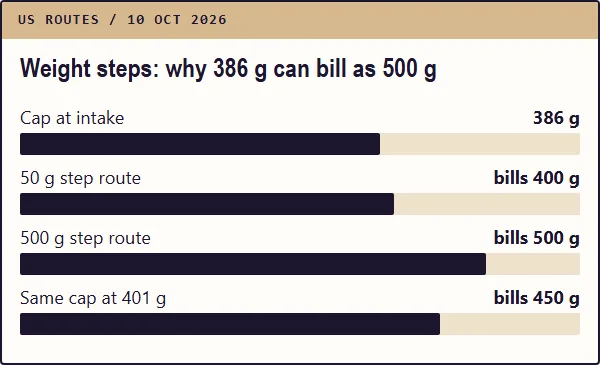 Bar chart of how weight steps round a 386 g item on different routes