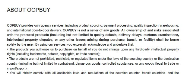 ABOUT OOPBUY declaration: agency services only, buyer undertakings on intellectual property